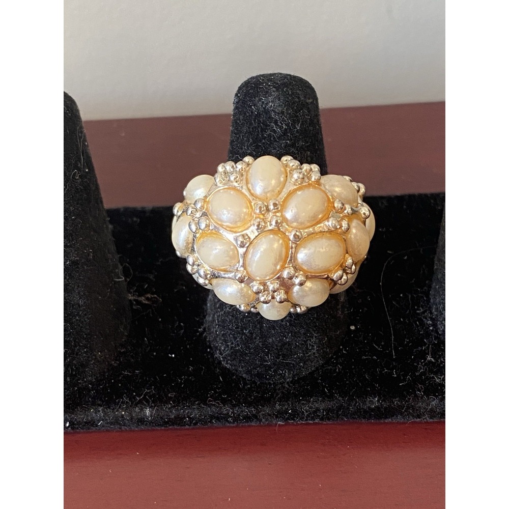 Large Oval-Shaped Lattice Dome Ring w/ Faux Pearls Size: Adjustable Two-Tone